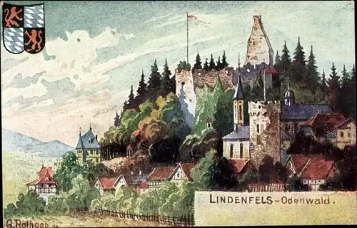 Künstler Ak Rothgeb., Gg., Lindenfels im Odenwald, Ruine, Ort, Kirche, Wappen