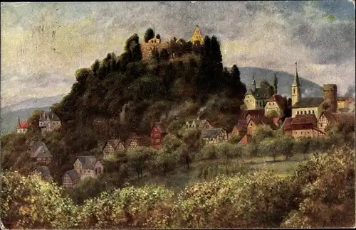 Künstler Ak Hoffmann, H., Lindenfels im Odenwald Hessen, Blick zur Burg