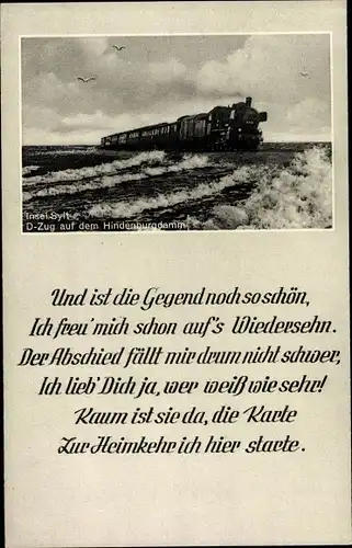 Ak Insel Sylt in Nordfriesland, D-Zug auf dem Hindenburgdamm, Gedicht