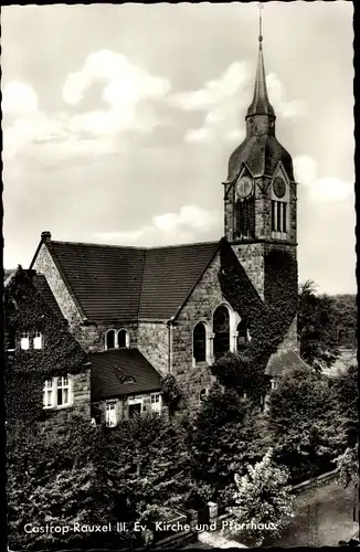 Ak Castrop Rauxel im Ruhrgebiet, ev. Kirche und Pfarrhaus