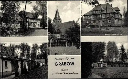 Ak Grabow Lüchow im Wendland, Gasthaus, Geschäftshaus, Kirche, Gebäude, Kneipp Sanatorium