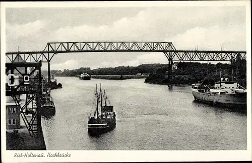 Ak Kiel Holtenau, Hochbrücke mit Dampfer