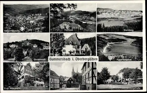 Ak Gummersbach im Oberbergischen Kreis, Gesamtansicht, Rathaus, Aggertalsperre, Grotenbach