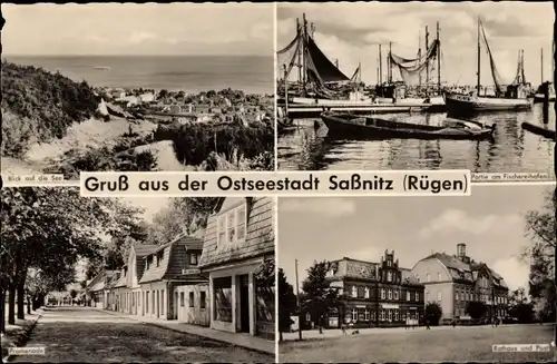 Ak Sassnitz auf der Insel Rügen, Fischereihafen, Rathaus u. Post, Promenade, Blick auf die See