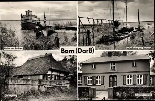 Ak Born Darß Ostsee, Hafen am Bodden, Fischerhafen am Bodden, Fischerhaus, Jugendherberge