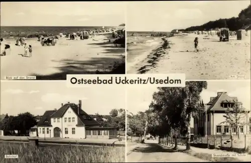 Ak Ückeritz Usedom an der Ostsee, Strandpartie, Bahnhof, Gleisseite, Strandstraße, Schule