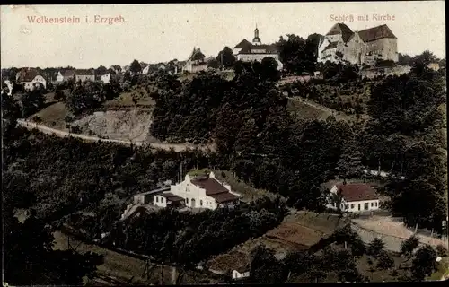 Ak Wolkenstein im Erzgebirge, Teilansicht, Schloss mit Kirche