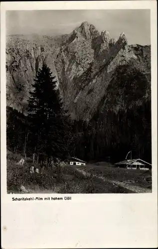 Ak Berchtesgaden in Oberbayern, Scharitzkehl-Alm mit hohem Göll, Berghütte