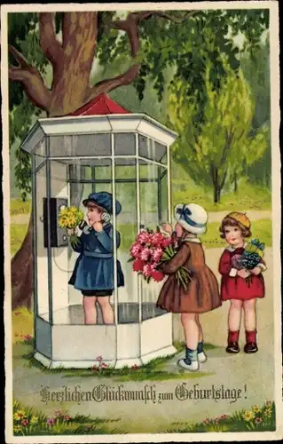 Ak Glückwunsch Geburtstag, Mädchen mit Blumensträußen, Telefonzelle