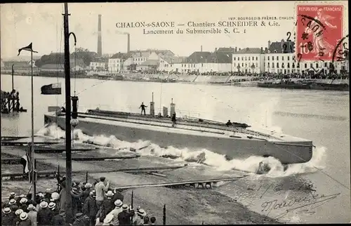 Ak Chalon sur Saône Saône et Loire, chantiers Schneider & Cie. Lancement du Submersible S.C. I