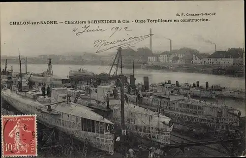 Ak Chalon sur Saône Saône et Loire, chantiers Schneider & Cie., 11 torpilleurs en construction