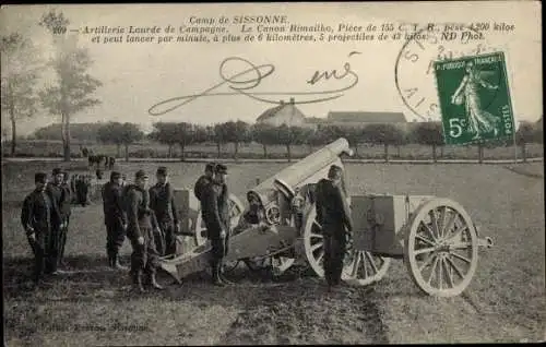 Ak Sissonne Aisne, Artillerie lourde de Campagne, Manoeuvre du Canon Rimailho