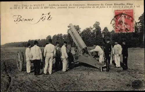 Ak Mailly le Camp Aube, Artillerie lourde de Campagne, Manoeuvre du Canon Rimailho