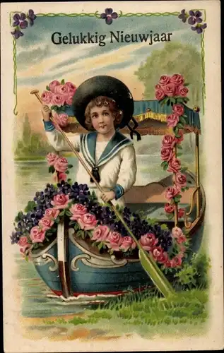 Präge Ak Glückwunsch Neujahr, Junge im Ruderboot, Blumen, Rosen, Veilchen
