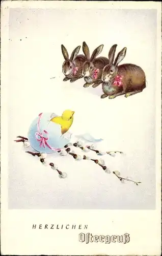 Ak Glückwunsch Ostern, Osterhasen, Küken, Weidenkätzchen