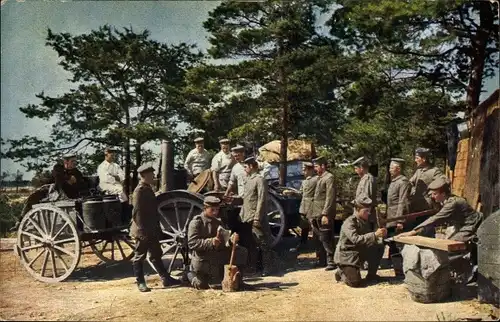 Ak Deutsche Soldaten in der Champagne, Feldküche, I. WK, color