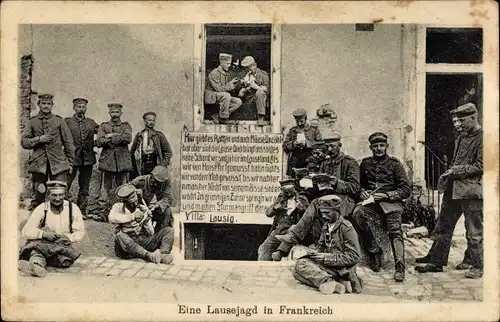 Ak Eine Lausejagd in Frankreich, Soldaten vor Haus, Tafel mit Spruch