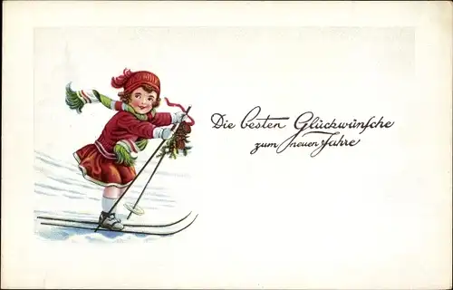Ak Neujahrswünsche, Mädchen auf Skiern