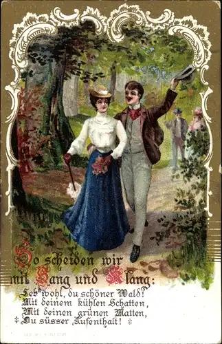 Präge Ak Gold, Paar im Wald, Spaziergänger, Gedicht