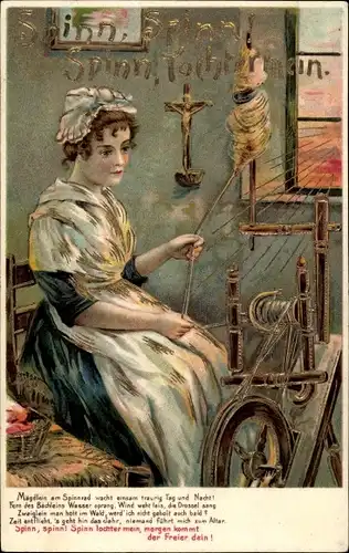 Präge Litho Frau am Spinnrad, Spinnerin