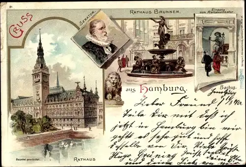 Litho Hamburg Mitte Altstadt, Rathaus, Brunnen, Bacchus, Ratsweinkeller, Senator