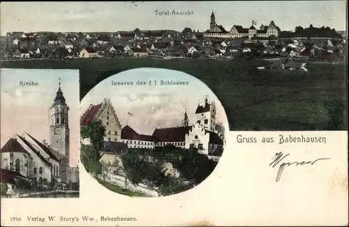 Ak Babenhausen in Schwaben, Totalansicht, Kirche, Schloss