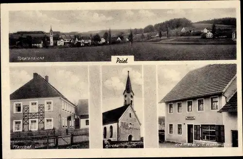 Ak Priel Gammelsdorf in Oberbayern, Totalansicht, Pfarrhof, Kirche, Krämerei