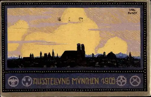 Künstler Ganzsachen Ak Kunst, Carl, München Bayern, Panorama der Stadt, Gewerberausstellung 1908