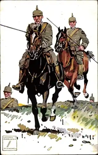 Künstler Ak Hohlwein, Ludwig, Deutsche Soldaten in Uniformen, Pferde