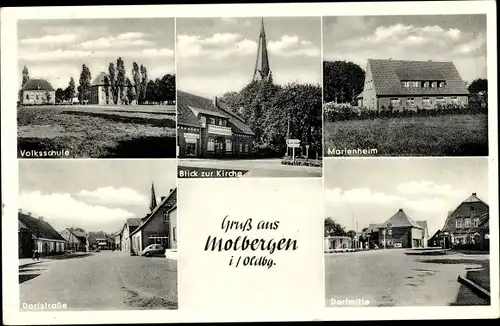 Ak Molbergen in Oldenburg, Volksschule, Marienheim, Kirche, Dorfmitte