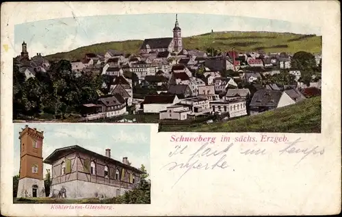 Ak Schneeberg im Erzgebirge, Köhlerturm, Gleesberg, Blick auf den Ort