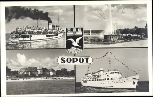 Wappen Ak Sopot Gdańsk Zoppot Danzig, Fährschiff Mazowsze, Blick auf den Ort vom Wasser aus