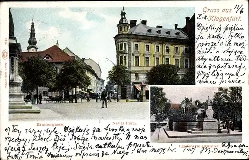 Ak Klagenfurt am Wörthersee Kärnten, Kramergasse, Neuer Platz, Lindwurm Brunnen