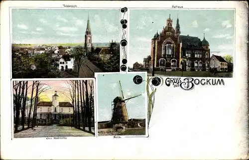 Ak Bockum Krefeld am Niederrhein, Totalansicht, Rathaus, Mühle, Haus Neuenhofen