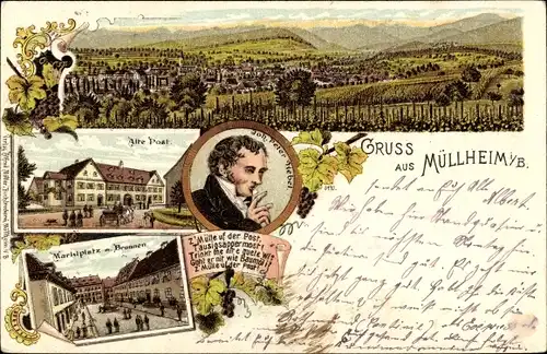 Litho Müllheim in Baden Markgräflerland, Gasthaus Alte Post, Marktplatz, Brunnen, Panorama