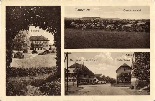 Ak Bauschlott Neulingen Enzkreis Württemberg, Schloss, Gasthaus z. Ochsen, Gasth. z. Adler, Schule