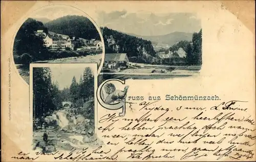 Ak Schönmünzach Baiersbronn im Schwarzwald, Panorama, Wasserschnellen, Brücke