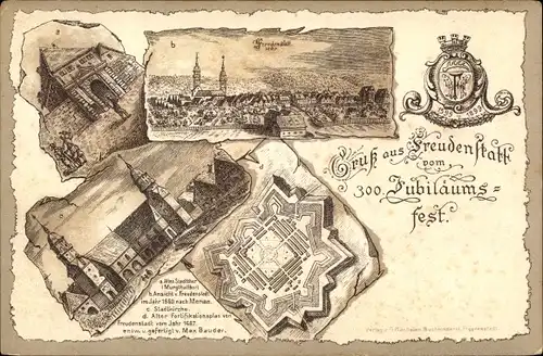 Litho Freudenstadt im Nordschwarzwald, 300. Jubiläumsfest 1899, Stadttor, Stadtkirche