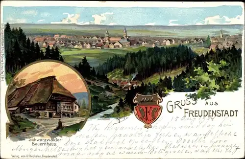 Künstler Litho Freudenstadt im Nordschwarzwald, Schwarzwälder Bauernhaus, Panorama, Wappen