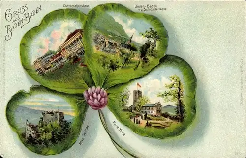 Kleeblatt Litho Baden Baden am Schwarzwald, Conversationshaus, Altes Schloss, Ruine Yburg, Panorama