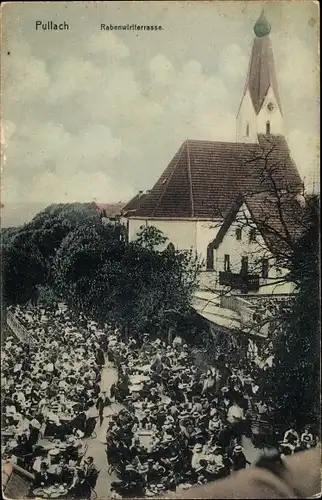 Ak Pullach im Isartal Oberbayern, Rabenwirt Terrasse, Besucher, Kirche