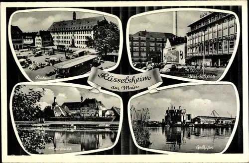 Ak Rüsselsheim am Main Hessen, Rathaus, Bahnhofsplatz, Mainpartie, Opelhafen