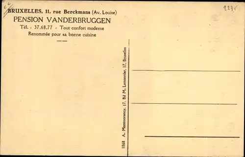 Ak Bruxelles Brüssel, Pension Vanderbruggen, 11, Rue Berckmans