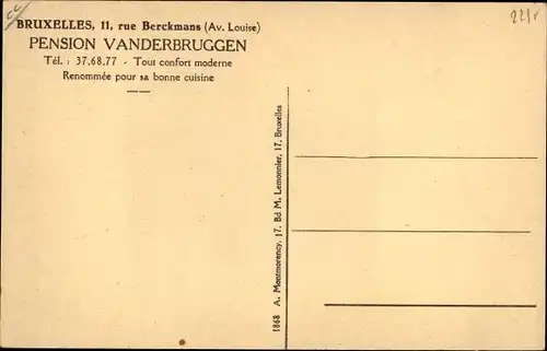 Ak Bruxelles Brüssel, Pension Vanderbruggen, 11, Rue Berckmans