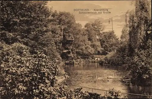 Ak Dortmund im Ruhrgebiet, Restaurant Kronenburg, Schwanenteich mit Grotte