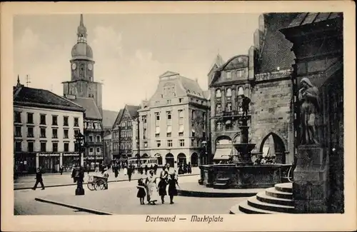 Ak Dortmund im Ruhrgebiet, Marktplatz, Brunnen, Kirchturm, Gebäude