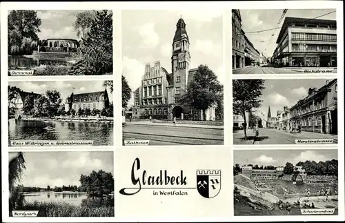 Ak Gladbeck im Ruhrgebiet Westfalen, Ehrenmal, Rathaus, Schwimmbad, Straßenpartien, Nordpark