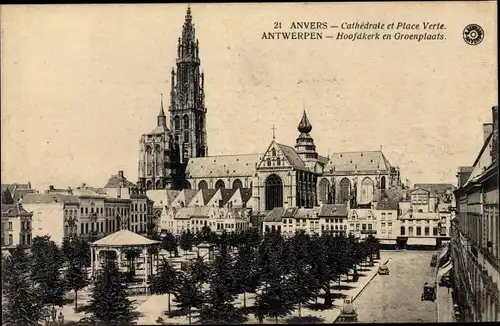 Ak Anvers Antwerpen Flandern, Cathedrale et Place Verte