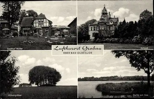 Ak Grabau Bad Oldesloe, Gasthof Müller, Schloss, Hünengräber, Partie am See