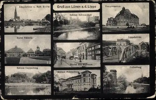 Ak Lünen in Westfalen, Lippebrücke, Zeche Viktoria, Schloss Cappenberg, Buddenburg, Markt
